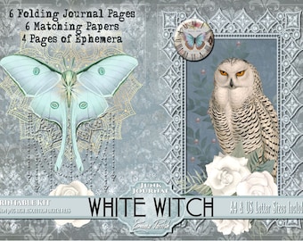 Può includere: Kit digitale stampabile per il journaling, con un gufo bianco, una rosa bianca, una farfalla e un orologio. Il kit include 6 pagine di diario pieghevoli, 6 carte abbinate e 4 pagine di ephemera. Il testo "White Witch" è visualizzato sull'immagine. Il kit è disponibile nei formati A4 e US Letter.