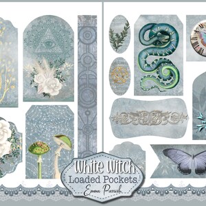 May include: A set of digital printable tags featuring a white witch theme. The tags feature images of a snake, a butterfly, a mushroom, a clock, a flower, a pentagram, and a tree. The text "White Witch Loaded Pockets Emma Parrish" is included on the tags.
