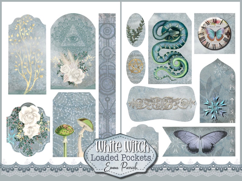 May include: A set of digital printable tags featuring a white witch theme. The tags feature images of a snake, a butterfly, a mushroom, a clock, a flower, a pentagram, and a tree. The text "White Witch Loaded Pockets Emma Parrish" is included on the tags.