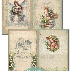 May include: A vintage illustration of a fairy with wings holding a bouquet of lily of the valley flowers. The image is surrounded by a decorative frame and has the text "Lily of the Valley" in a vintage font.
