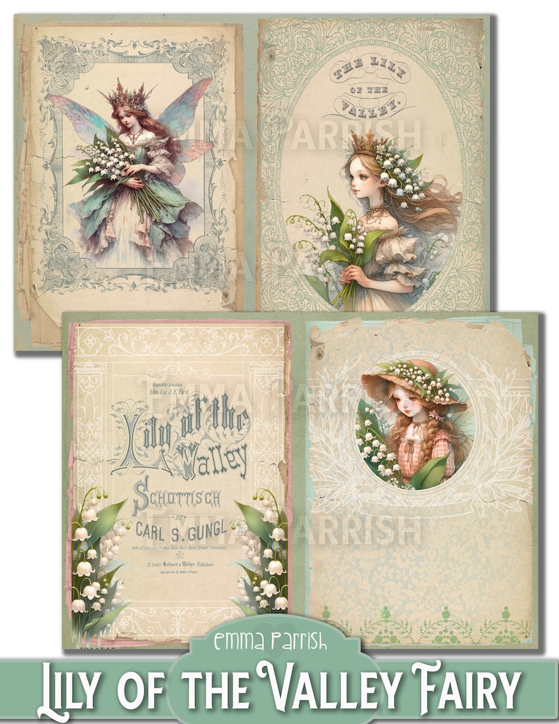 May include: A vintage illustration of a fairy with wings holding a bouquet of lily of the valley flowers. The image is surrounded by a decorative frame and has the text "Lily of the Valley" in a vintage font.