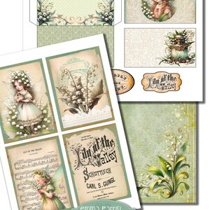 May include: A digital collage sheet featuring a fairy with lily of the valley flowers, a vintage music sheet titled "Lily of the Valley", and a vintage illustration of lily of the valley flowers. The sheet is designed for crafting and scrapbooking.