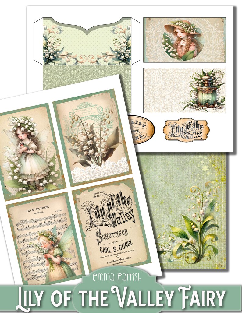 May include: A digital collage sheet featuring a fairy with lily of the valley flowers, a vintage music sheet titled "Lily of the Valley", and a vintage illustration of lily of the valley flowers. The sheet is designed for crafting and scrapbooking.