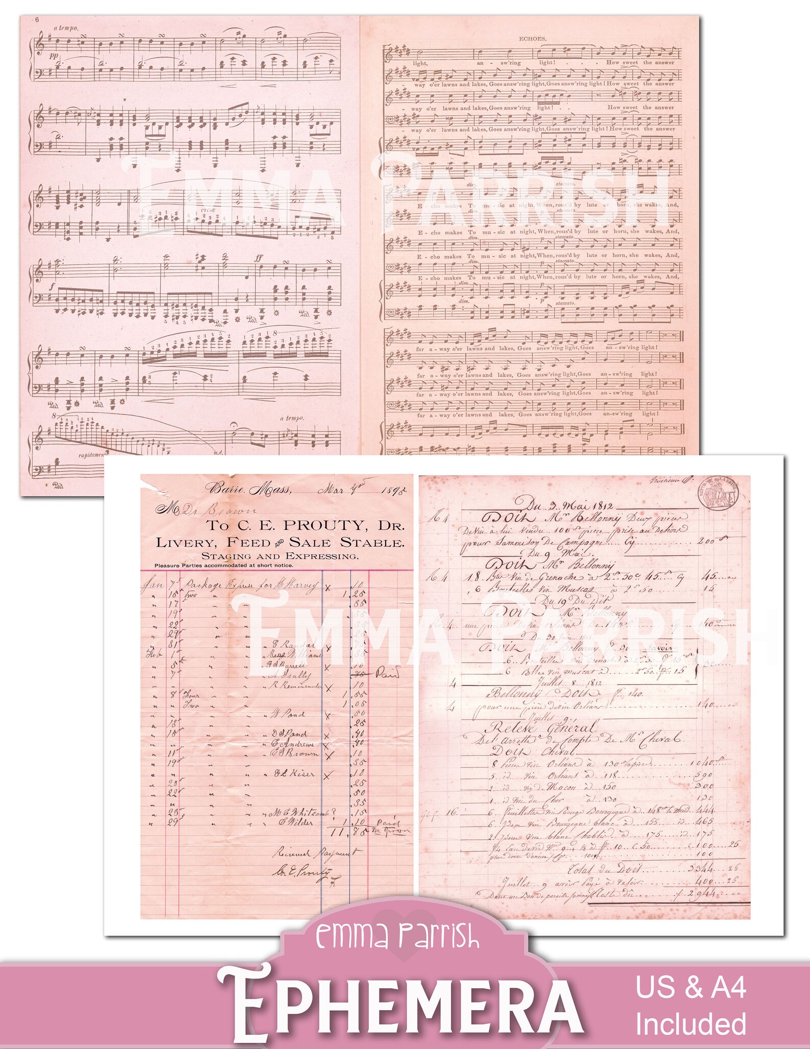 Pink Vintage Printable Ephemera Pack, Scraps, Junk Journal Kit Add On ...