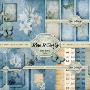 Junk Journal Digital Kit, Blue Butterflies, Vintage Ephemera Pages, Scrapbook Craft Collage , DIY Junk Journal, Memory Album Download