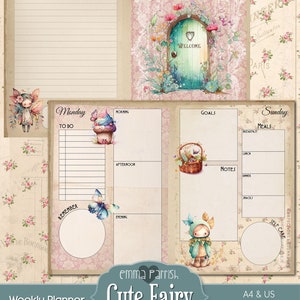 May include: A printable weekly planner with a cute fairy theme. The planner features a pink and white floral background with a whimsical fairy illustration. The planner includes sections for notes, goals, meals, and self-care. The text "Emma Parrish Cute Fairy Printable" is displayed at the bottom of the planner.