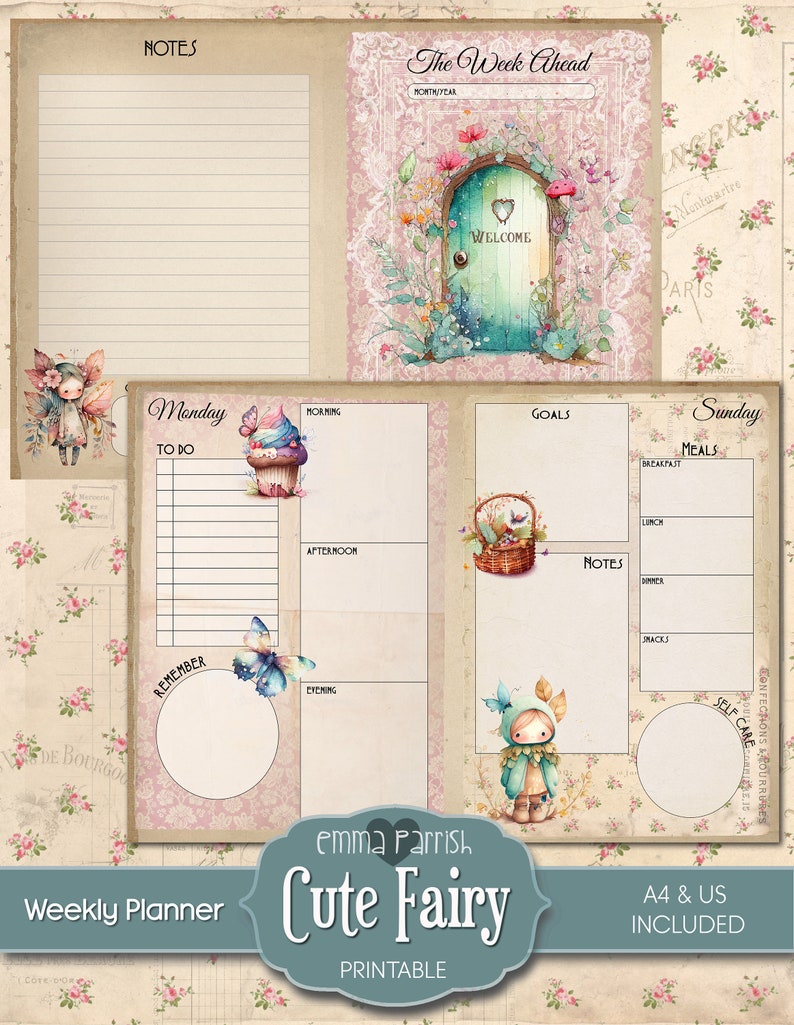 May include: A printable weekly planner with a cute fairy theme. The planner features a pink and white floral background with a whimsical fairy illustration. The planner includes sections for notes, goals, meals, and self-care. The text "Emma Parrish Cute Fairy Printable" is displayed at the bottom of the planner.