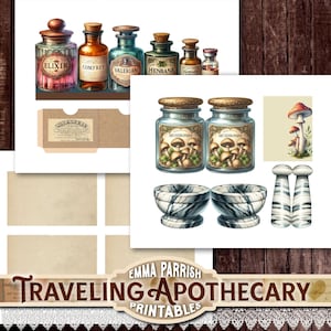 May include: A collection of apothecary-themed printables. The image features various glass bottles with labels, jars of mushrooms, marble bowls, and a mushroom illustration. The text "Traveling Apothecary Printables" is visible.