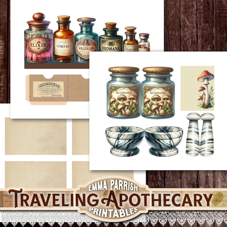 May include: A collection of apothecary-themed printables. The image features various glass bottles with labels, jars of mushrooms, marble bowls, and a mushroom illustration. The text "Traveling Apothecary Printables" is visible.