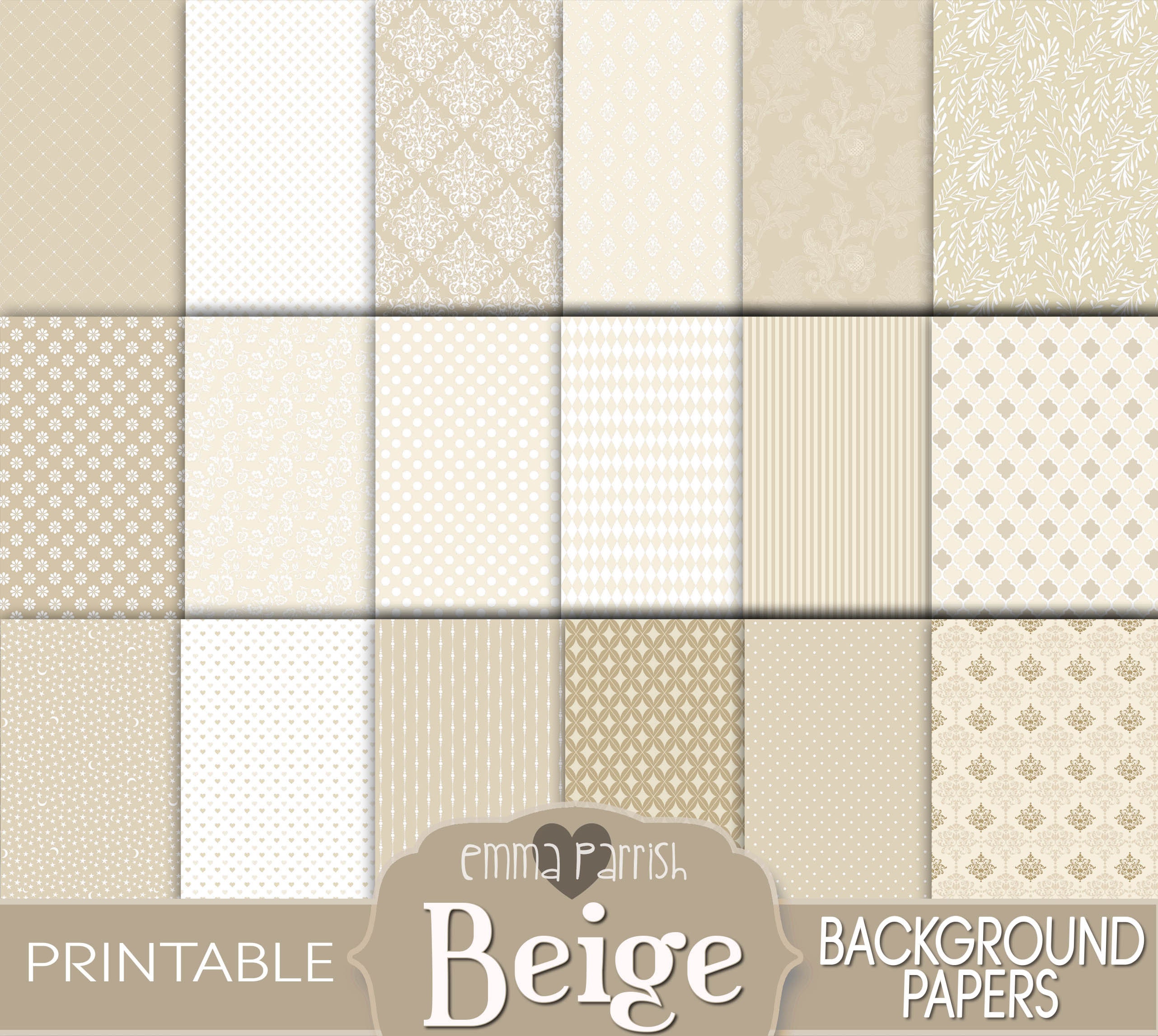 Beige Script Paper Beige Patterned Printable Paper Kit, Junk Journal, Card Making ...