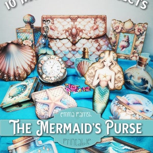 Mermaid's Purse Printable Junk Journal Folio, 10 Interactive Papercraft Projects, Ocean, Beach, Shabby Handbag, Wallet, Cardmaking, Download
