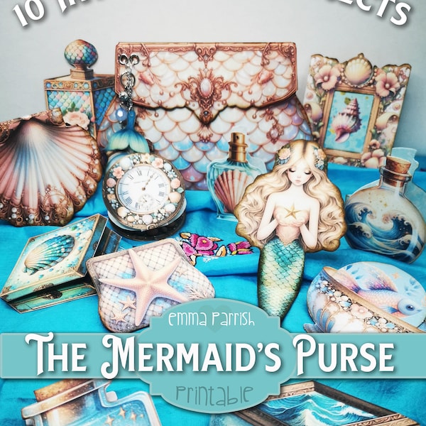 Folio di diario spazzatura stampabile con borsetta della sirena, 10 progetti interattivi di papercraft, oceano, spiaggia, borsa shabby, portafoglio, creazione di biglietti, download