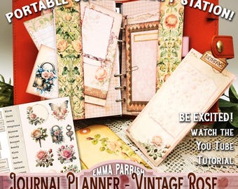 Journal Planner Printables Emma Parrish, Personal Size Vintage Roses Kit, Portable Craft Station, Shabby Chic Papercraft Bundle