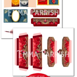 K&ouml;nnte beinhalten: Druckbarer digitaler Download einer roten, goldenen und wei&szlig;en Schachtel mit dem Text "Emma Parrish Magic! Journaling Folio" und den Worten "Ein Erlebnis, das seinesgleichen sucht!" Die Schachtel ist so konzipiert, dass sie zu einem Journal zusammengebaut werden kann.