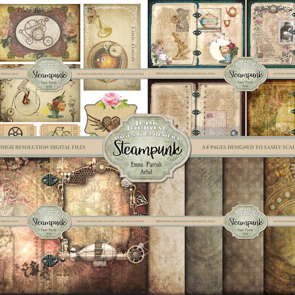 Steampunk Junk Journal Digital Kit, Vintage Victorian Fantasy Ephemera, Collage Sheets,  DIY Junk Journal Pages, Printable Instant Download