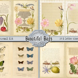May include: Printable junk journal kit featuring vintage illustrations of bugs, flowers, and text. The kit includes images of butterflies, grasshoppers, tulips, and a cherry. The text reads "Junk Journal Kit" and "Beautiful Bugs".