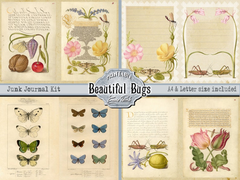 May include: Printable junk journal kit featuring vintage illustrations of bugs, flowers, and text. The kit includes images of butterflies, grasshoppers, tulips, and a cherry. The text reads "Junk Journal Kit" and "Beautiful Bugs".