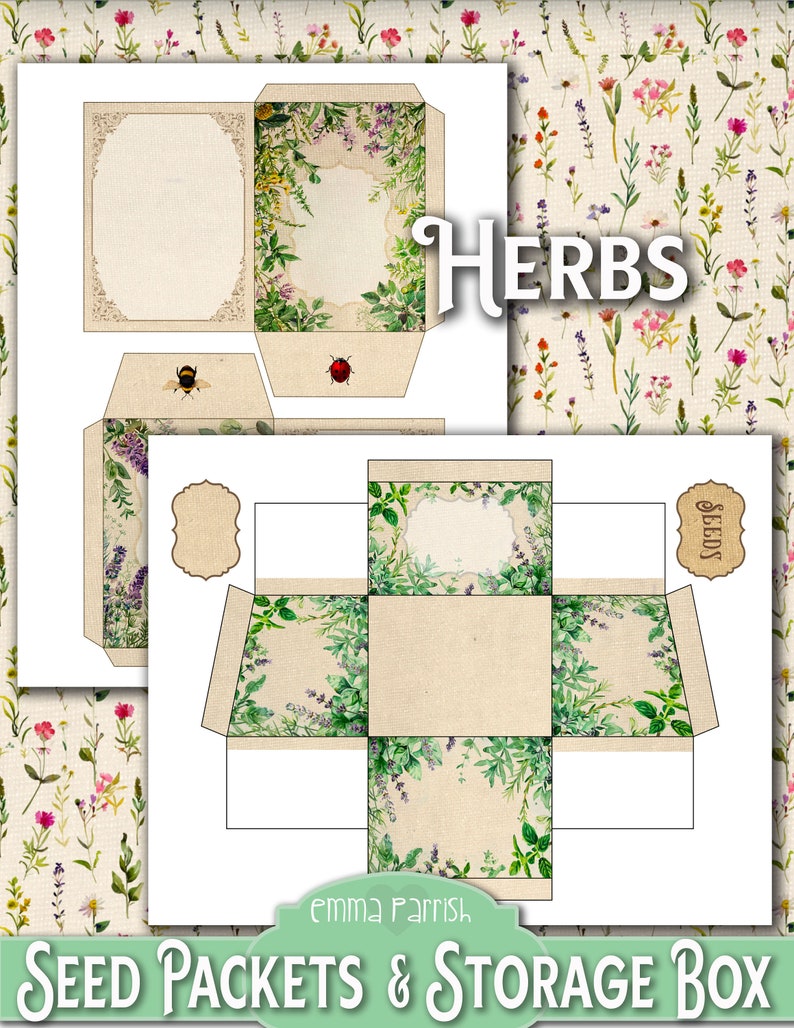 Seed Envelopes & Storage Box Printable, Junk Journal Ephemera Storage, Vegetable Herb Flower Seed Packet Organizer, Gardeners Gift image 3