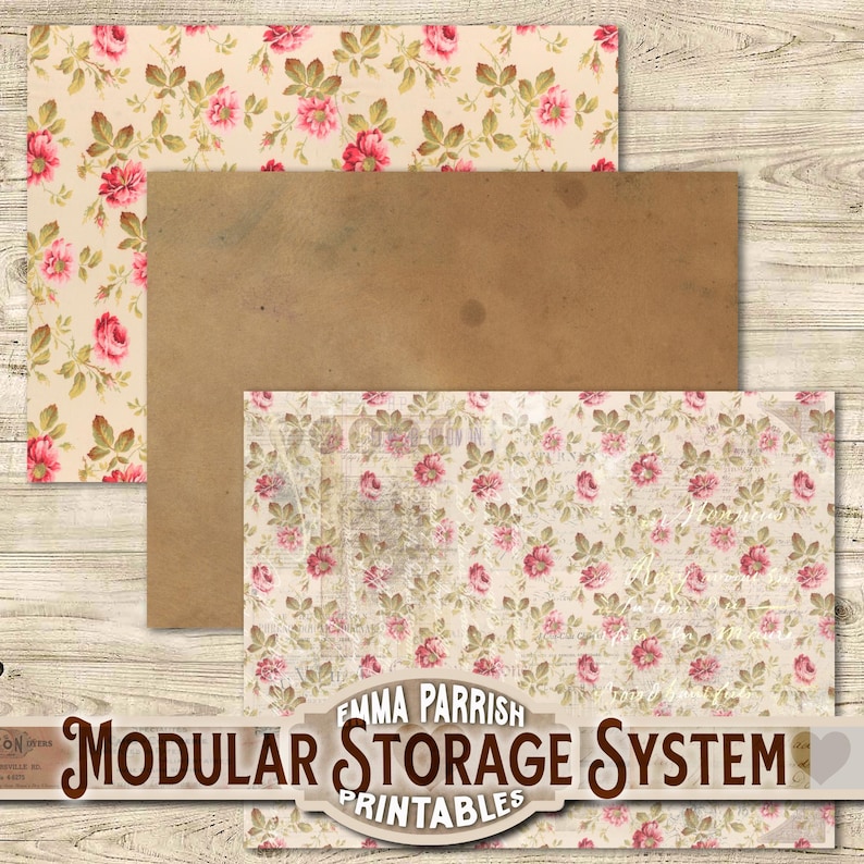 May include: Three digital paper designs featuring a vintage floral pattern with pink roses on a cream background. The text "Emma Parrish Modular Storage System Printables" is at the bottom of the image.