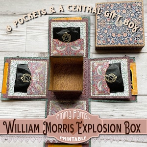 May include: A printable William Morris Explosion Box with 8 pockets and a central gift box. The box is decorated with a floral pattern in shades of blue, green, and red. The text "Emma Parrish" is printed on the front of the box.