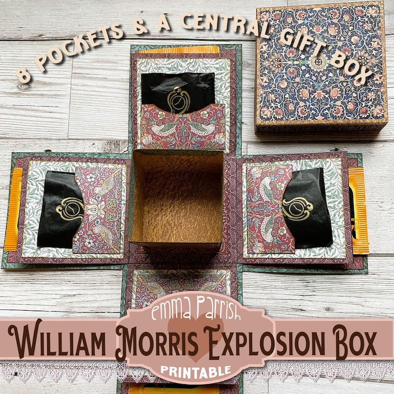May include: A printable William Morris Explosion Box with 8 pockets and a central gift box. The box is decorated with a floral pattern in shades of blue, green, and red. The text "Emma Parrish" is printed on the front of the box.