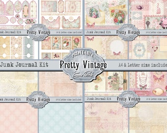 Kit de diario vintage para manualidades, páginas imprimibles vintage en rosa y azul, diario digital estilo shabby chic, kit de scrapbooking descargable vintage en rosa.