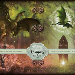 May include: A digital download of printable journal pages featuring dragons, a forest scene, and a magical feel. The pages are designed to easily scale to US letter size.