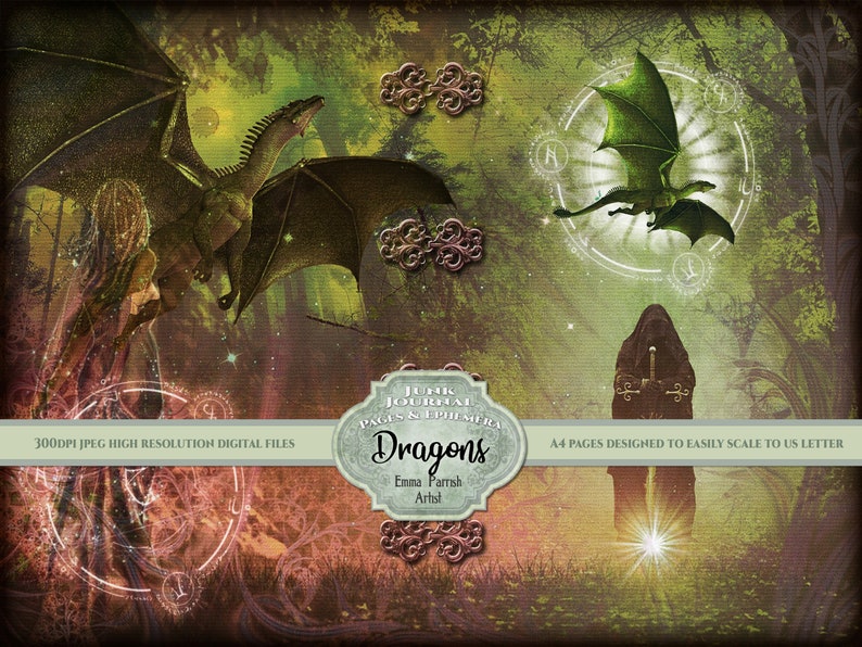 May include: A digital download of printable journal pages featuring dragons, a forest scene, and a magical feel. The pages are designed to easily scale to US letter size.