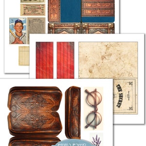 May include: A digital collage of vintage images, including a ticket stub, a baseball card, a book cover, a pair of glasses, and a leather case. The collage is titled "Grandpa's Treasures" and features a floral design.