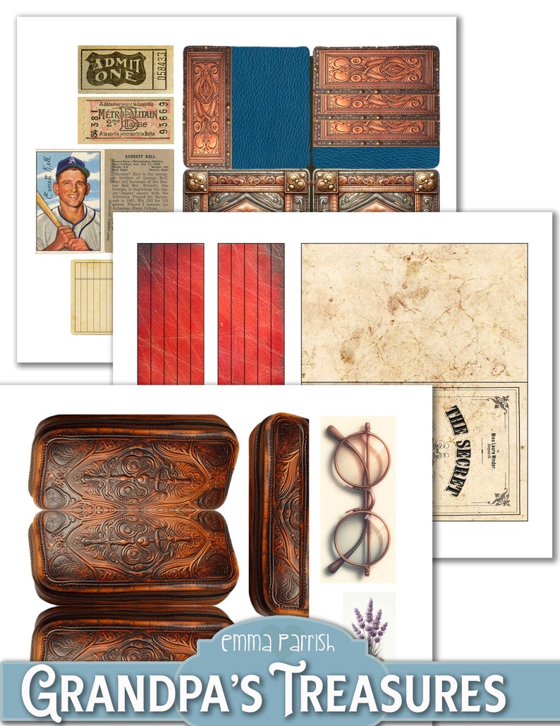 May include: A digital collage of vintage images, including a ticket stub, a baseball card, a book cover, a pair of glasses, and a leather case. The collage is titled "Grandpa's Treasures" and features a floral design.
