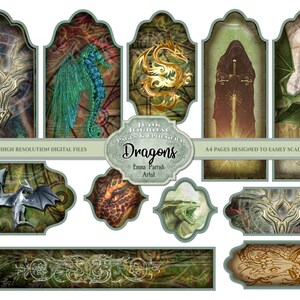 May include: A set of printable digital journal pages featuring dragons, seahorses, and other mythical creatures. The pages are designed to be easily scaled to US letter size. The text on the page reads "Junk Journal Ephemera Dragons Emma Parrish Artist".
