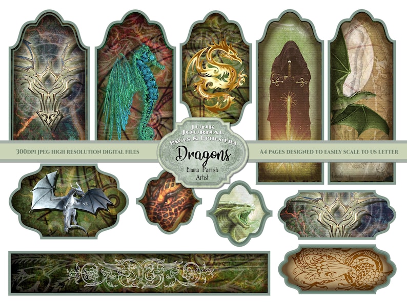 May include: A set of printable digital journal pages featuring dragons, seahorses, and other mythical creatures. The pages are designed to be easily scaled to US letter size. The text on the page reads "Junk Journal Ephemera Dragons Emma Parrish Artist".