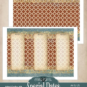 May include: Printable mini folio kit with a brown and white geometric pattern and a blue and gold border. The kit includes four note sections with the word "NOTES" at the top of each section. The text "emma Parrish Special Dates Printable A4 & US INCLUDED" is at the bottom of the image.