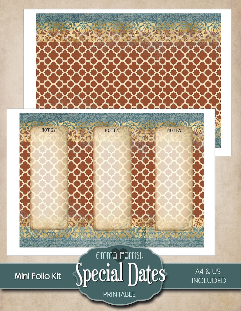 May include: Printable mini folio kit with a brown and white geometric pattern and a blue and gold border. The kit includes four note sections with the word "NOTES" at the top of each section. The text "emma Parrish Special Dates Printable A4 & US INCLUDED" is at the bottom of the image.