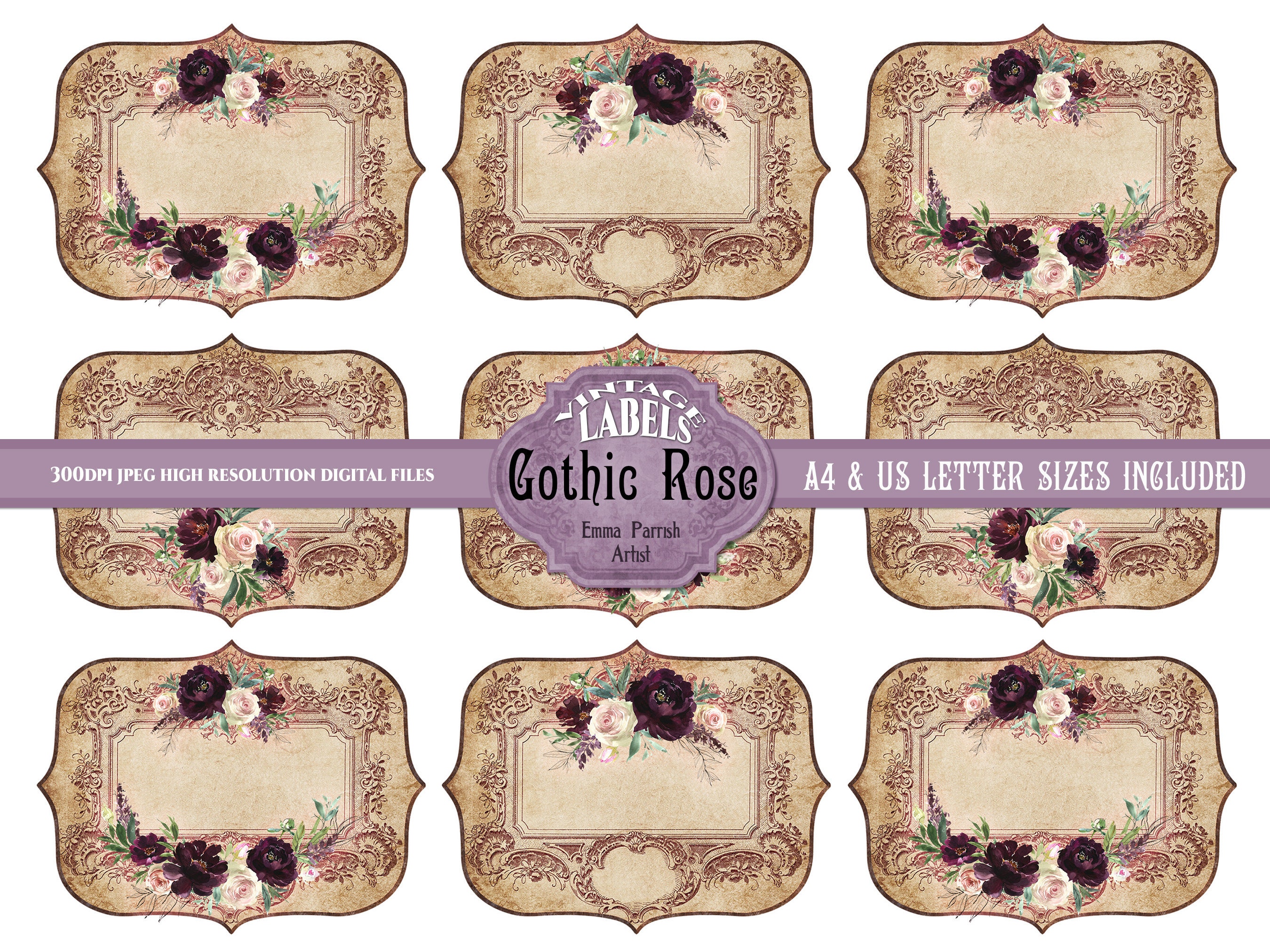 Goth Labels Vintage Gothic Printable Labels, Rose Junk Journal Card Making Tags ...