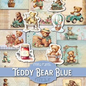 Teddy Bear Blue Junk Journal kit, Baby Boy, New Baby, Childrens Journal, Vintage Scrapbook, Papercraft Supplies, Collage, Card Making