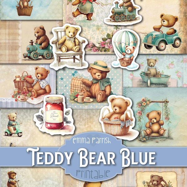 Teddy Bear Blue Junk Journal kit, Baby Boy, New Baby, Childrens Journal, Vintage Scrapbook, Papercraft Supplies, Collage, Card Making