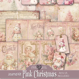 Rosa Weihnachten Printable Junk Journal Kit, niedlicher Schneemann, Scrapbook, Collage, festliche Journaling Lieferungen, niedliches rosa Weihnachtspapier