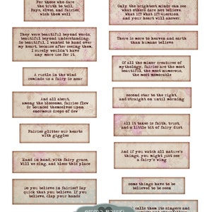 May include: Printable cards with quotes about fairies. The cards feature a vintage aesthetic with a pink, white, and brown color scheme. The text on the cards includes quotes like "Fairies glitter our hearts with giggles" and "Only the brightest minds can see what others dare not believe."