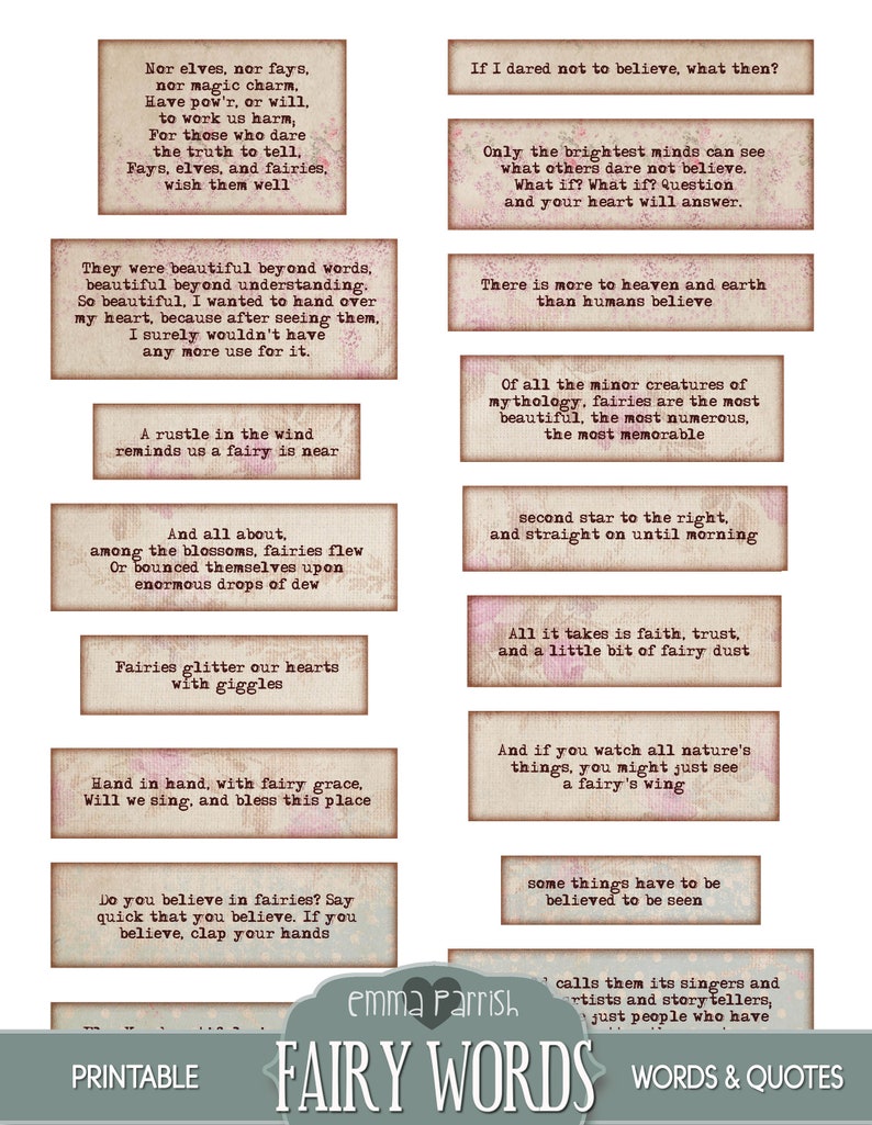 May include: Printable cards with quotes about fairies. The cards feature a vintage aesthetic with a pink, white, and brown color scheme. The text on the cards includes quotes like "Fairies glitter our hearts with giggles" and "Only the brightest minds can see what others dare not believe."