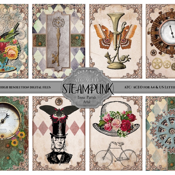 ACEO ATC Steampunk Vintage Card Making Tags Embellishments, Junk Journal Art Trading Cards Digital Ephemera, Printable Instant Download