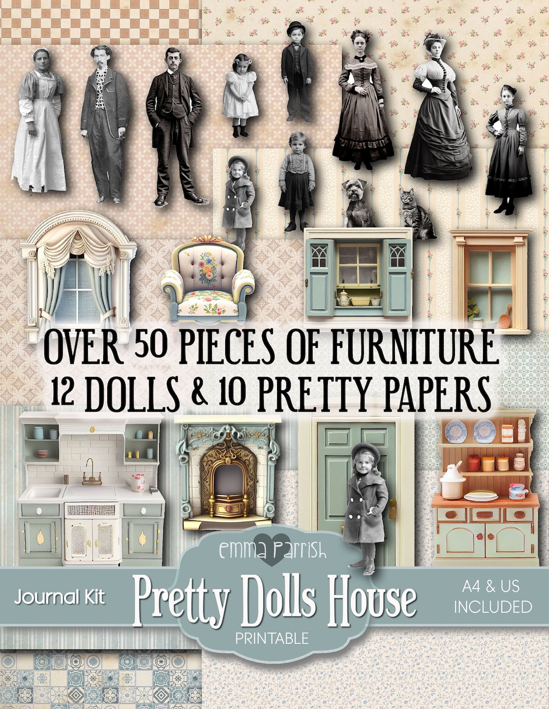 Pretty Dollhouse Journal Kit, Printable Dolls House Book, Paper Dolls