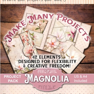 Magnolia Junk Journal, ADD ON KIT, Folio, Tags, labels, Tickets, Cards, Spring Flowers, Shabby Vintage Botanics, Scrapbook Collage Printable