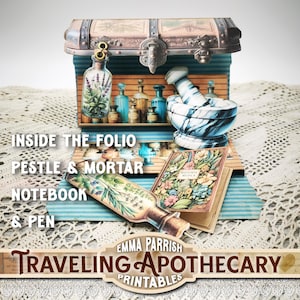 May include: A decorative apothecary-themed display featuring a chest, bottles, a pestle and mortar, a notebook, and a pen. The display includes the text "INSIDE THE FOLIO PESTLE & MORTAR NOTEBOOK & PEN" and "TRAVELING APOTHECARY PRINTABLES".