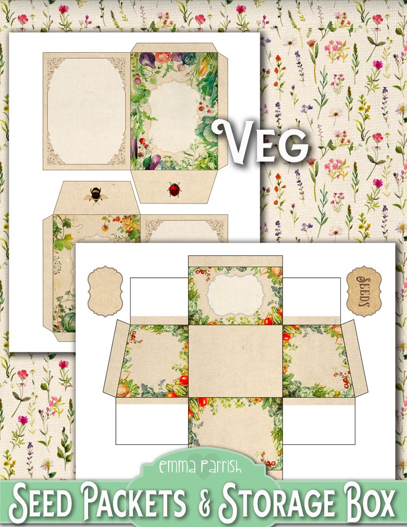 Seed Envelopes & Storage Box Printable, Junk Journal Ephemera Storage, Vegetable Herb Flower Seed Packet Organizer, Gardeners Gift image 4