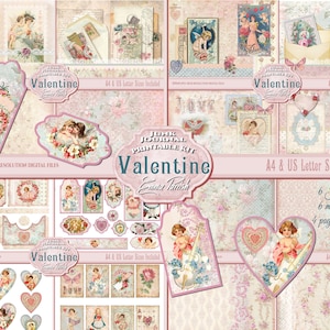 Valentine Printable Junk Journal Kit, Valentines Day, Romantic Digital Printable Papers, Romantic Digital Pages, Pink Blue Scrapbook Collage