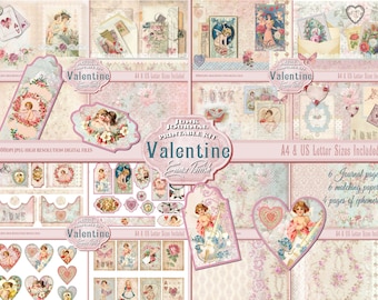 Valentine Printable Junk Journal Kit, Valentines Day, Romantic Digital Printable Papers, Romantic Digital Pages, Pink Blue Scrapbook Collage