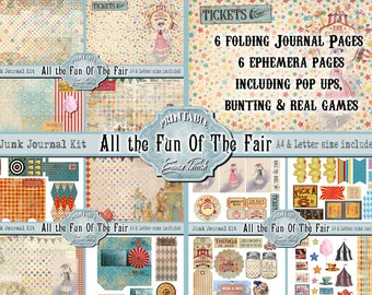 Op de afbeelding: Printbare junk journal kit met een carnavalsthema. De kit bevat 6 vouwbare journalpagina's, 6 ephemera-pagina's, pop-ups, vlaggetjes en echte spellen. De kit is verkrijgbaar in A4 en letterformaat.