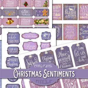 Utskrivbara julstämningar, Lila, Syren, Lavendel, Junk Journal, Korttillverkning, Etiketter, Biljetter, Ephemera, Juldekorationer