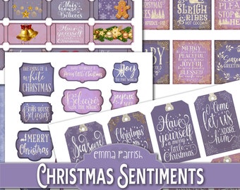 Printable Christmas Sentiments, Purple, Lilac, Lavender, Junk Journal, Card making, Tags, Labels, Tickets, Ephemera, Holiday Embellishment